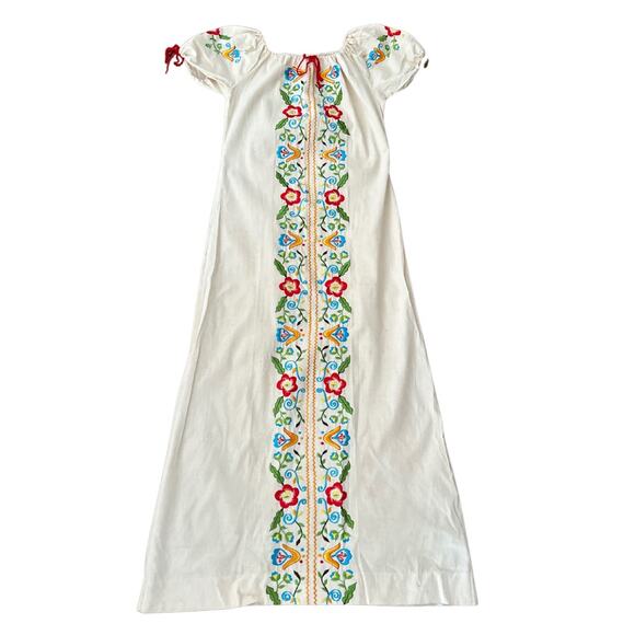 Vintage Mary Vi BARBADOS Muslin Maxi Dress Floral Embroidered Cap Sleeve Size 32